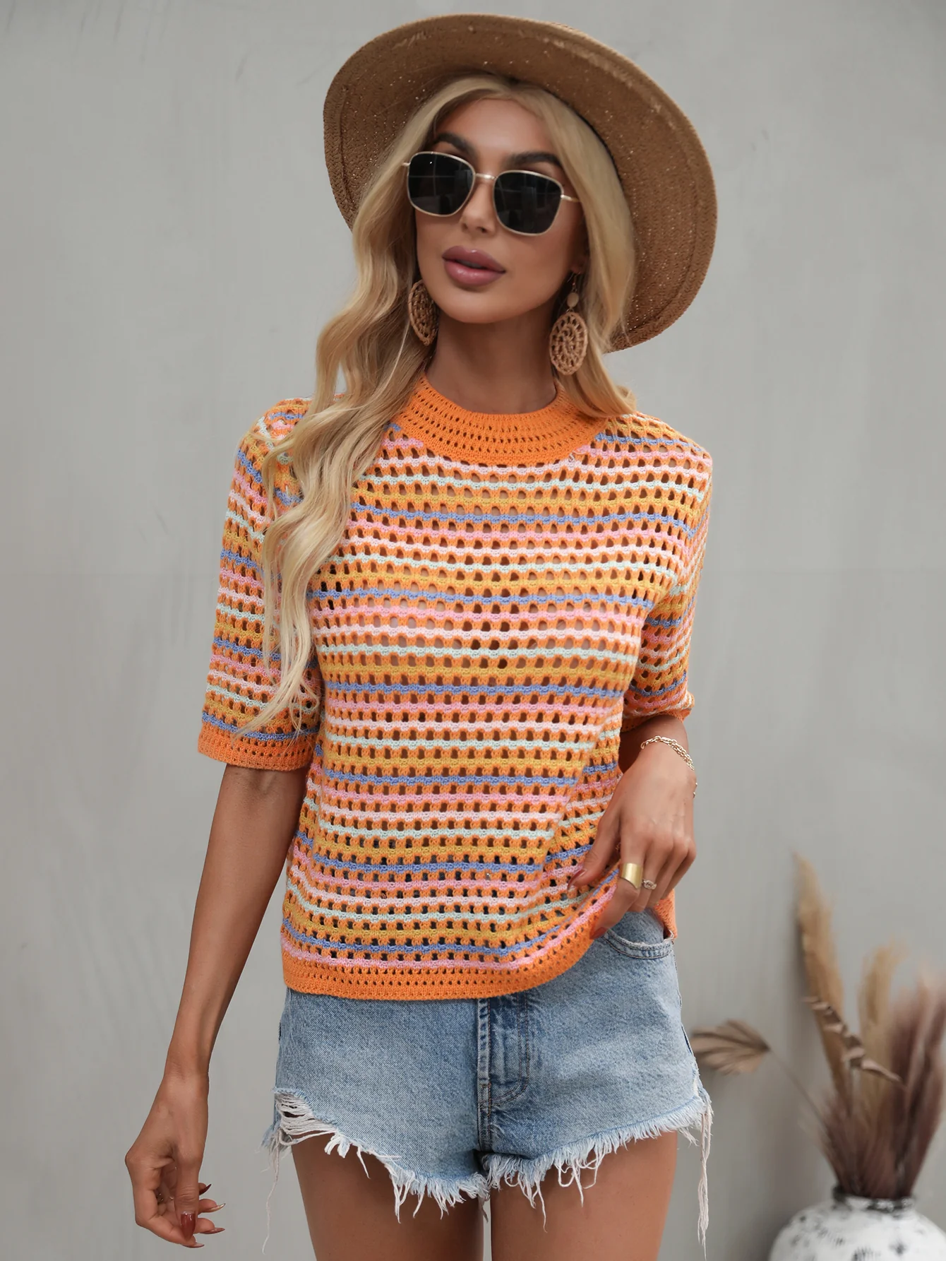 BEE CROCHET KNIT TOP - ORANGE STRIP - Image 6