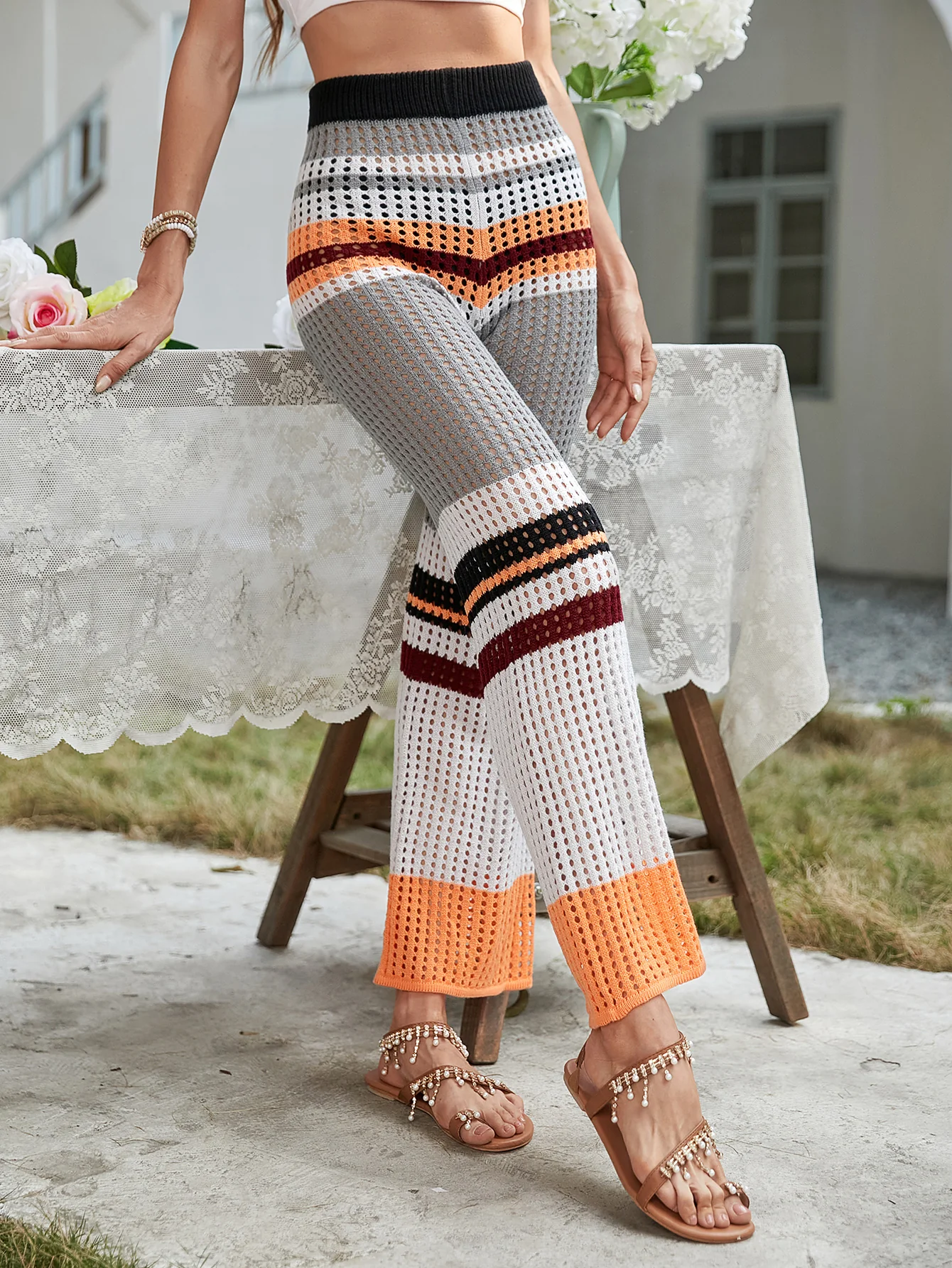 BEE CROCHET WIDE LEG PANTS - GREY - Image 3
