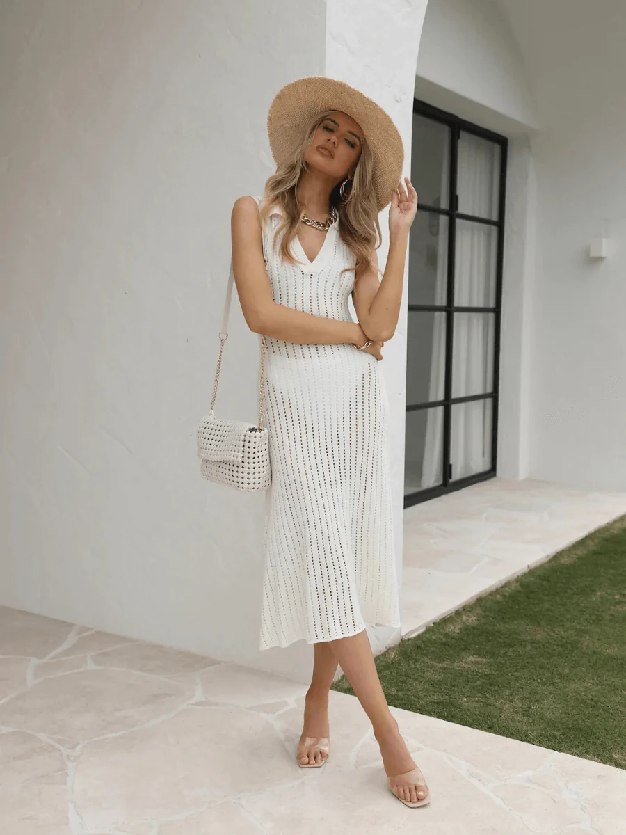 BENDITA PERFORATED KNIT COLLARED MIDI DRESS - CREAM - Image 4