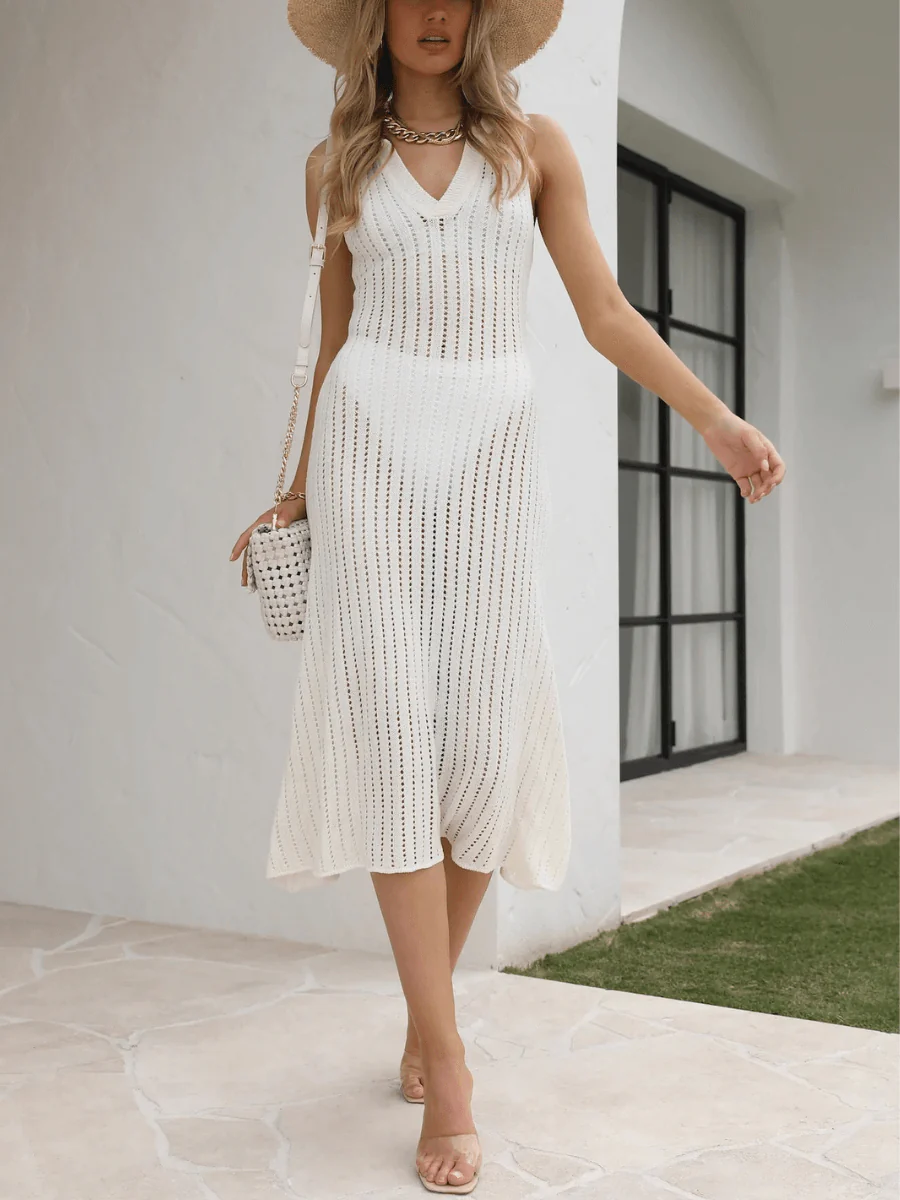 BENDITA PERFORATED KNIT COLLARED MIDI DRESS - CREAM - Image 6