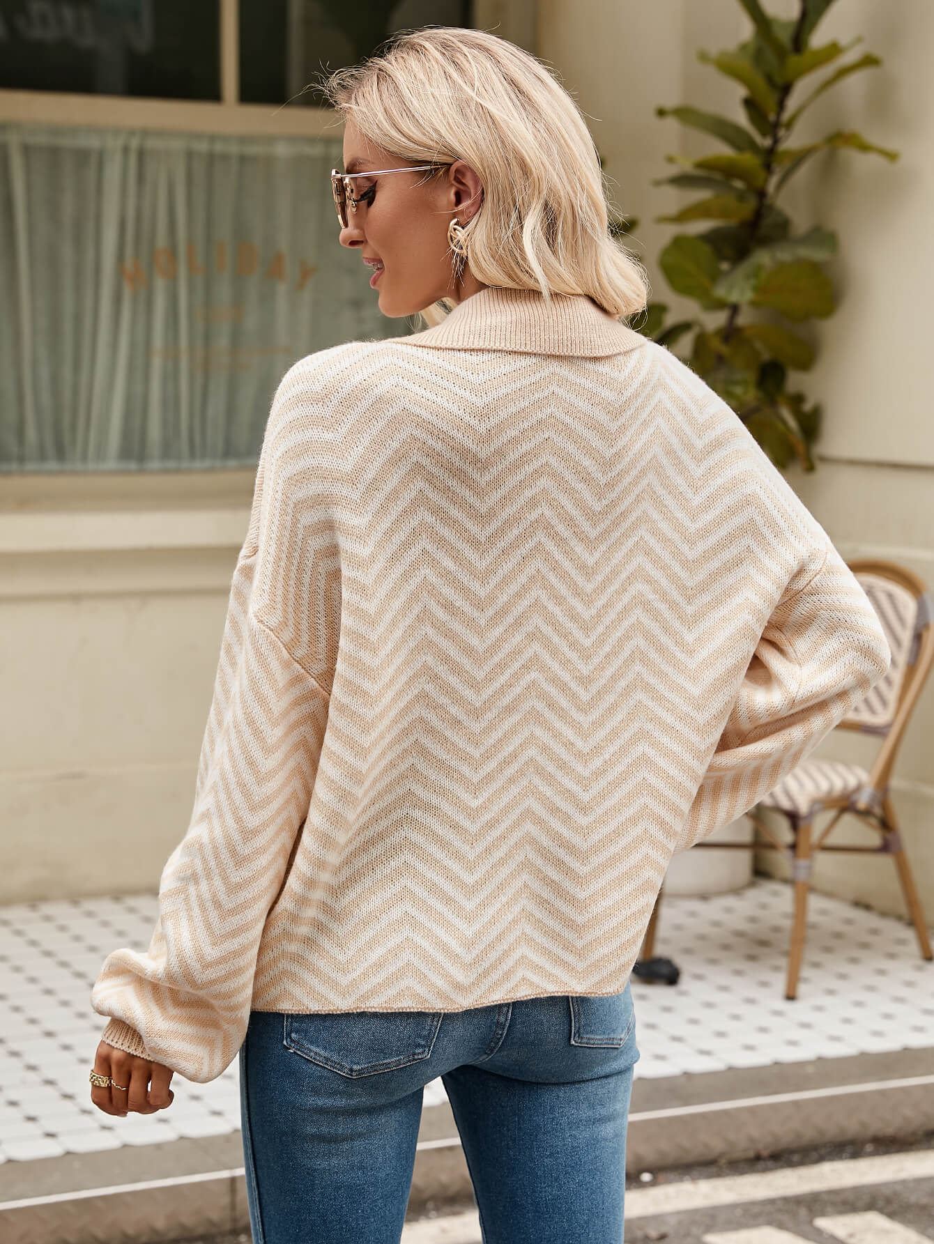 Benji Zig Zag Striped Batwing Sleeve Sweater - Beige - Image 3