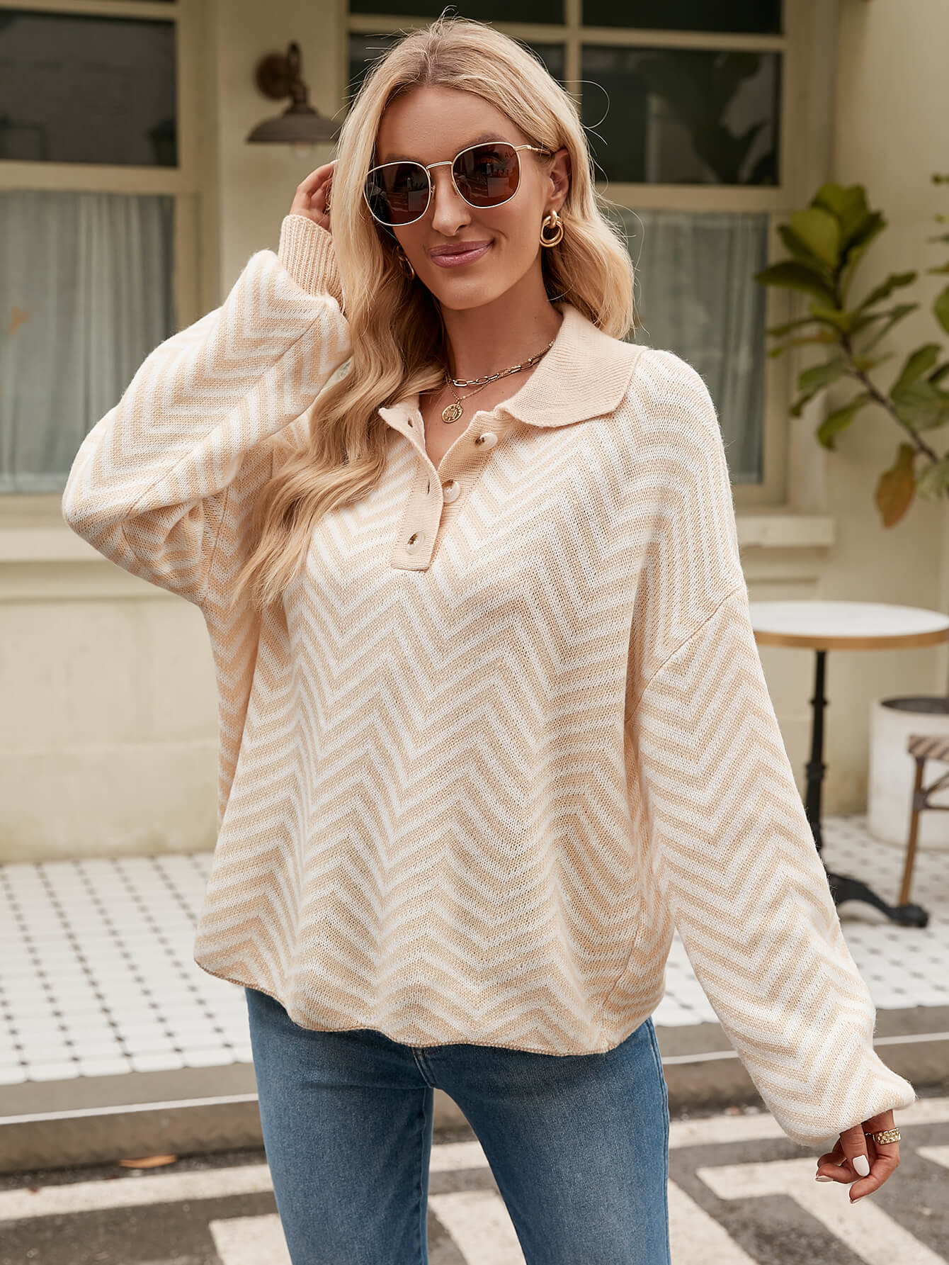 Benji Zig Zag Striped Batwing Sleeve Sweater - Beige - Image 4
