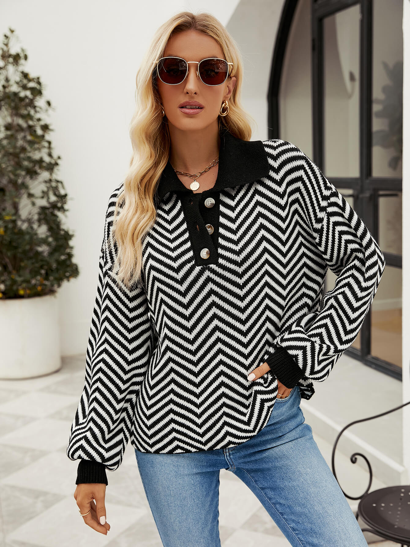 Benji Zig Zag Striped Batwing Sleeve Sweater - Black - Image 3