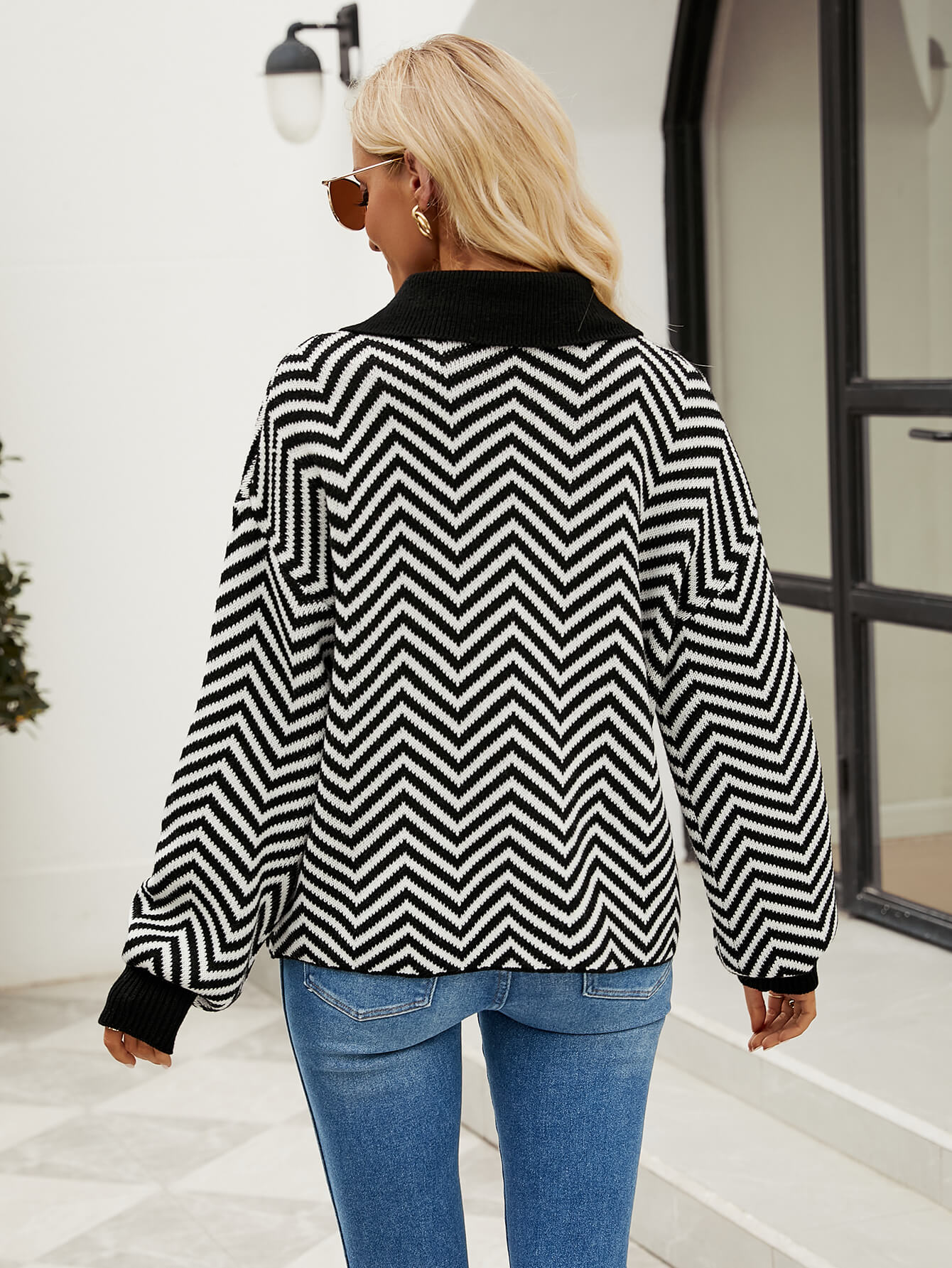 Benji Zig Zag Striped Batwing Sleeve Sweater - Black - Image 4