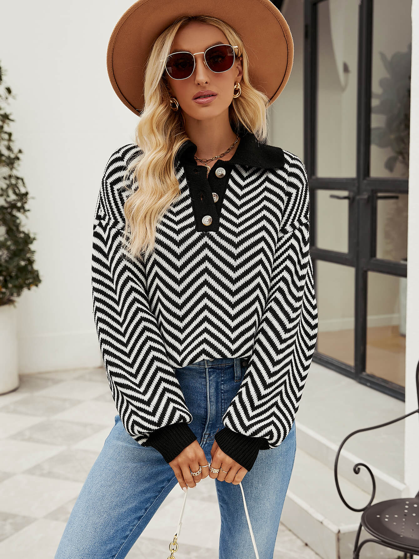 Benji Zig Zag Striped Batwing Sleeve Sweater - Black - Image 5