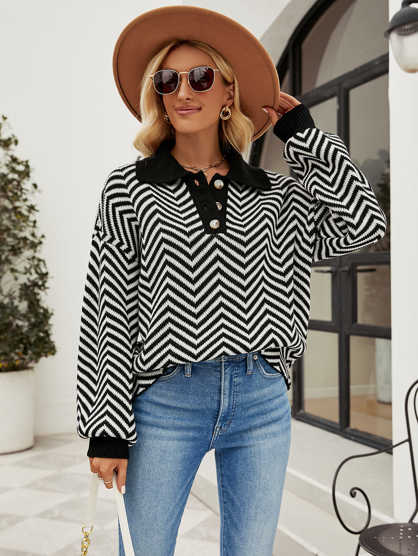 Benji Zig Zag Striped Batwing Sleeve Sweater - Black - Image 6