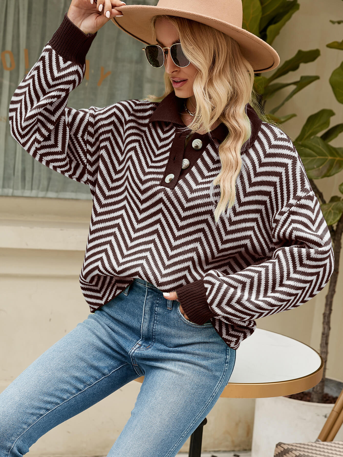 Benji Zig Zag Striped Batwing Sleeve Sweater - Brown - Image 4