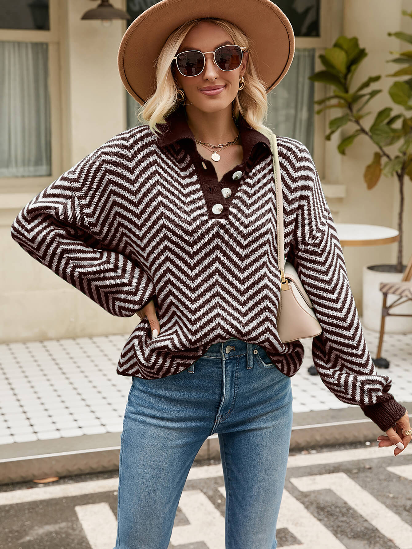 Benji Zig Zag Striped Batwing Sleeve Sweater - Brown - Image 5
