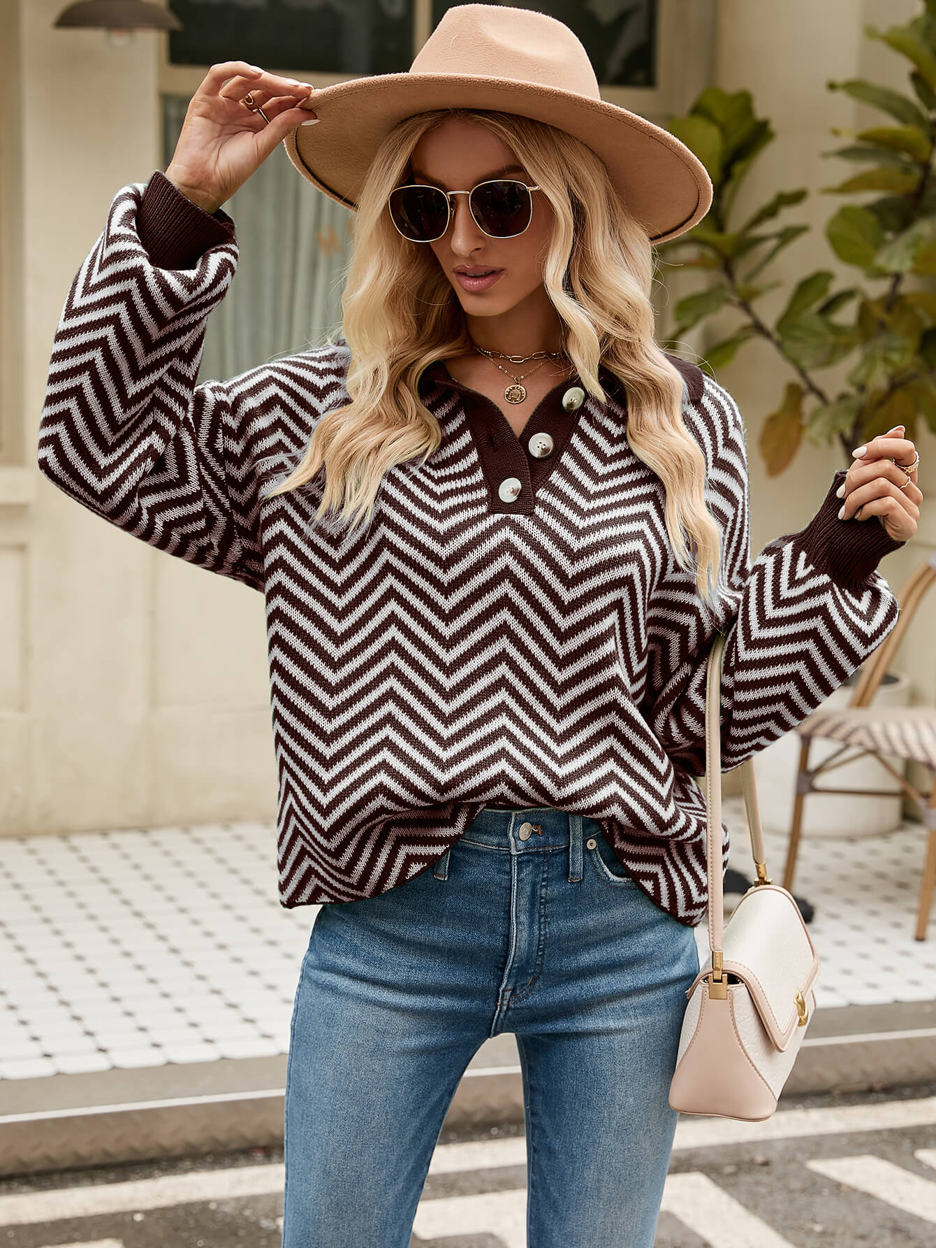 Benji Zig Zag Striped Batwing Sleeve Sweater - Brown - Image 6