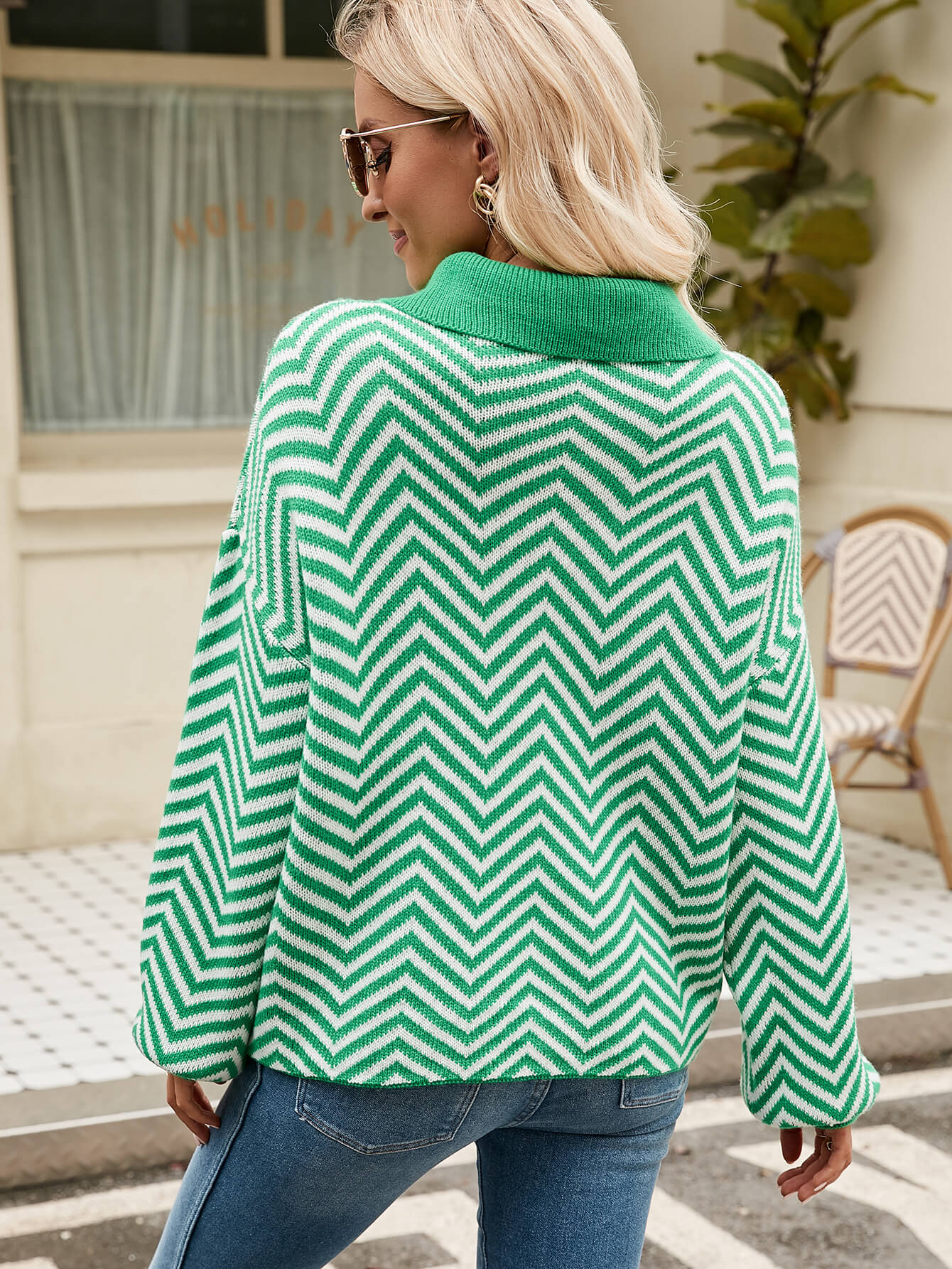 Benji Zig Zag Striped Batwing Sleeve Sweater - Green - Image 3