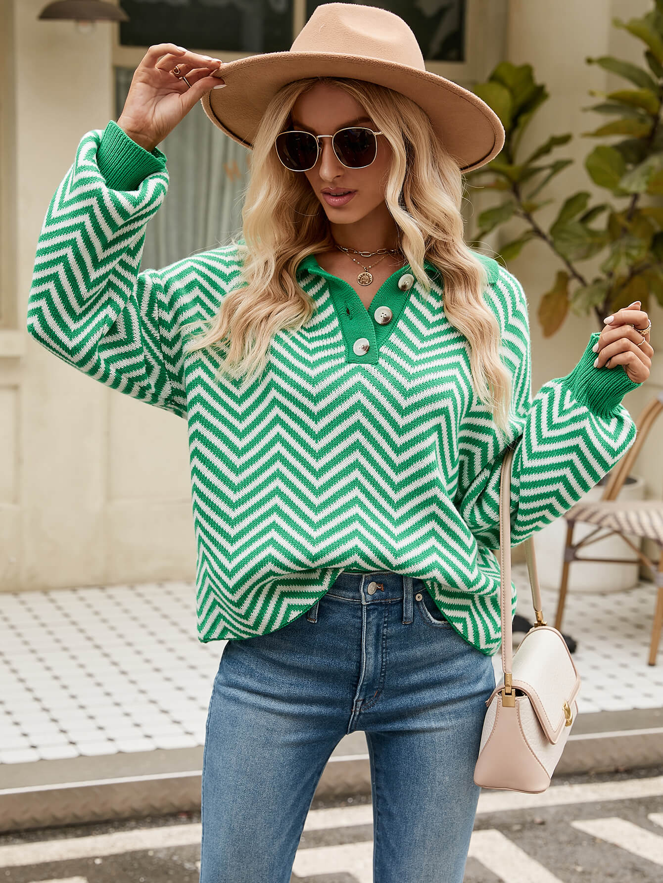 Benji Zig Zag Striped Batwing Sleeve Sweater - Green - Image 5