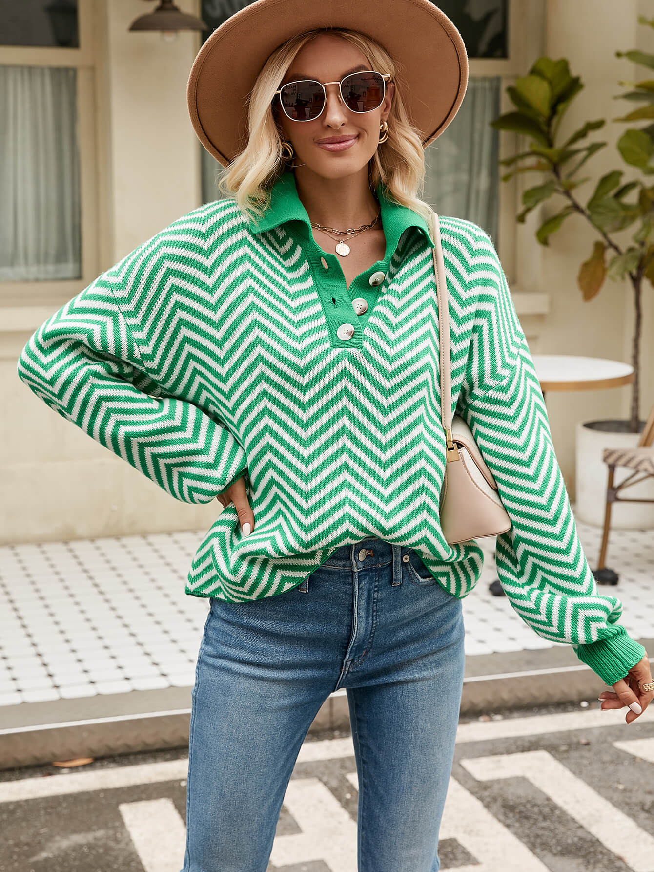 Benji Zig Zag Striped Batwing Sleeve Sweater - Green - Image 6