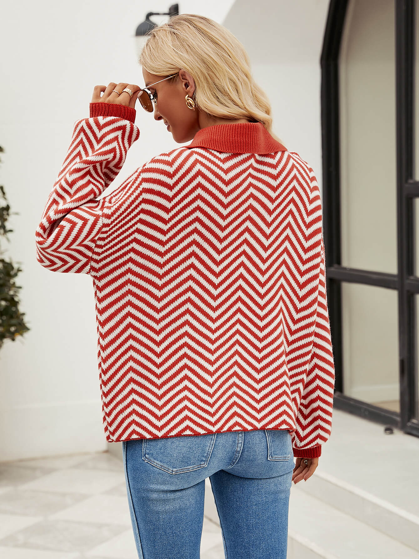 Benji Zig Zag Striped Batwing Sleeve Sweater - Red - Image 3