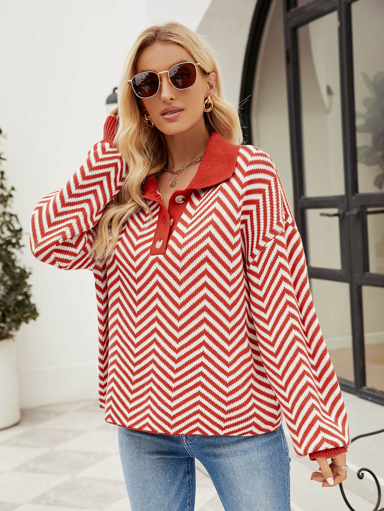 Benji Zig Zag Striped Batwing Sleeve Sweater - Red - Image 5