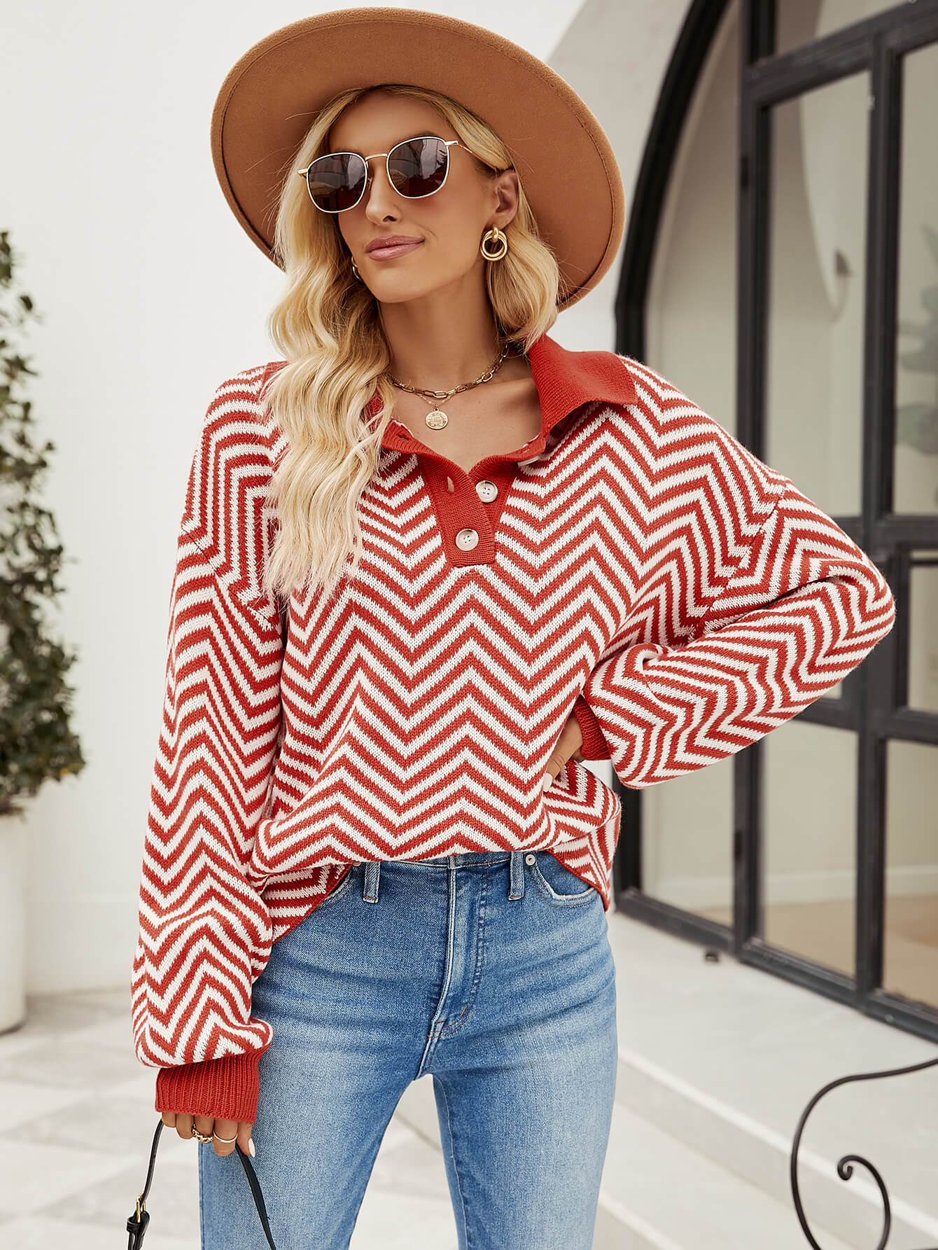 Benji Zig Zag Striped Batwing Sleeve Sweater - Red - Image 6