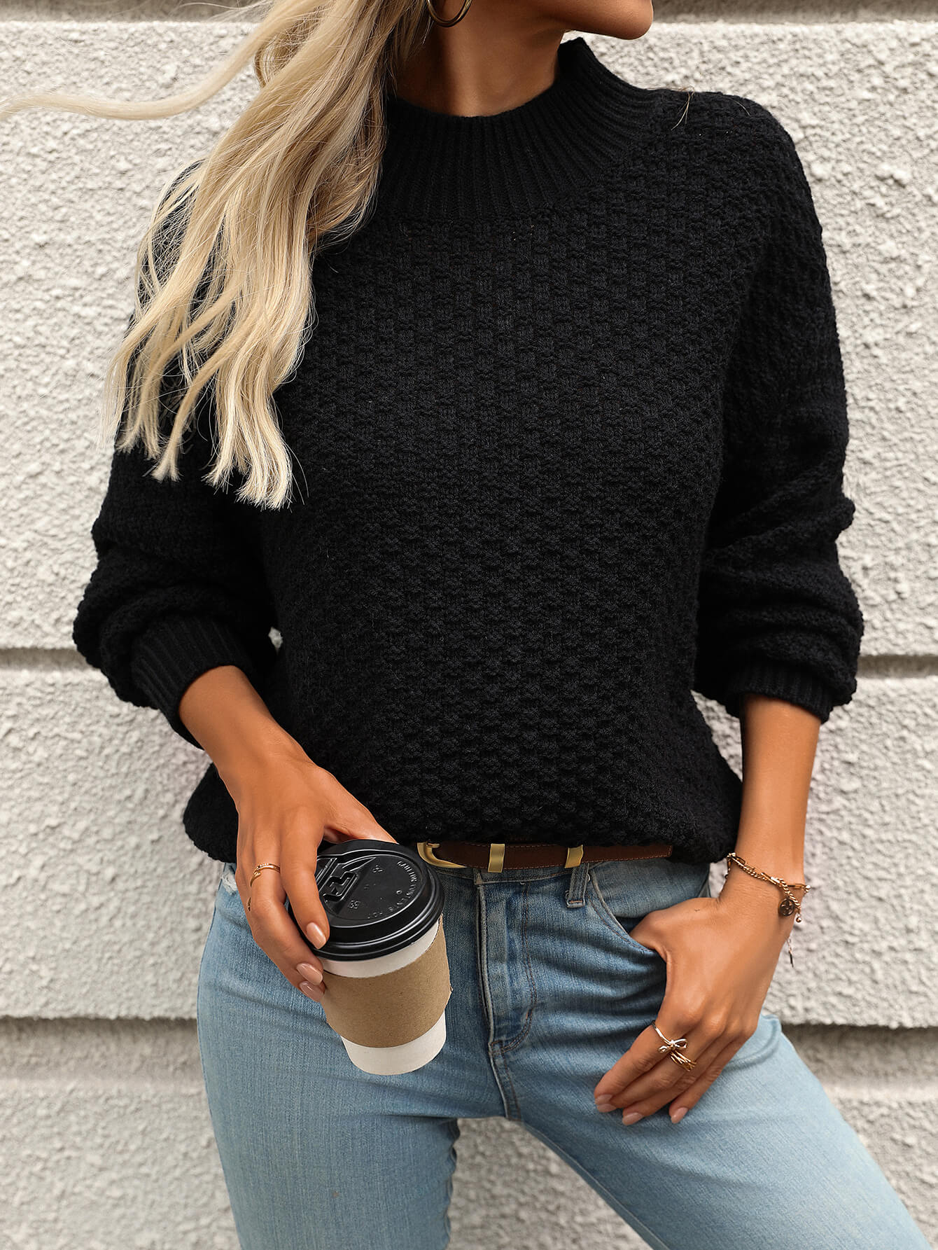 Billie Pom Mock Neck Sweater - Black - Image 4