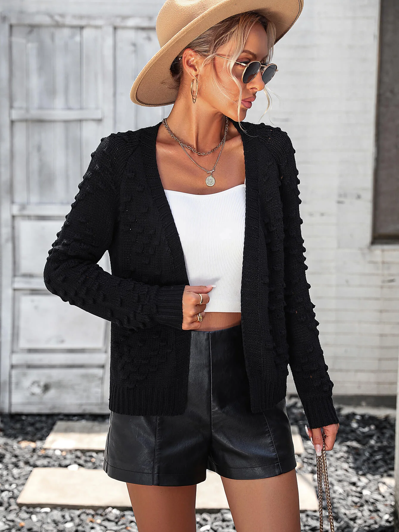 Billie Pom Open Sweater Cardigan - Black - Image 3