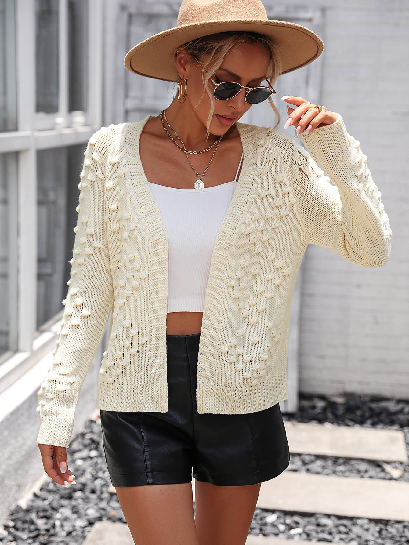 Billie Pom Open Sweater Cardigan - Cream - Image 3