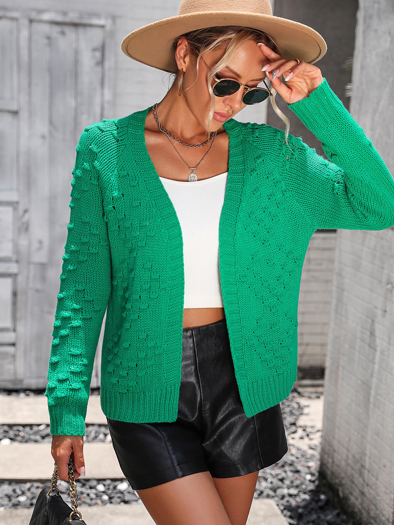 Billie Pom Open Sweater Cardigan - Green - Image 2