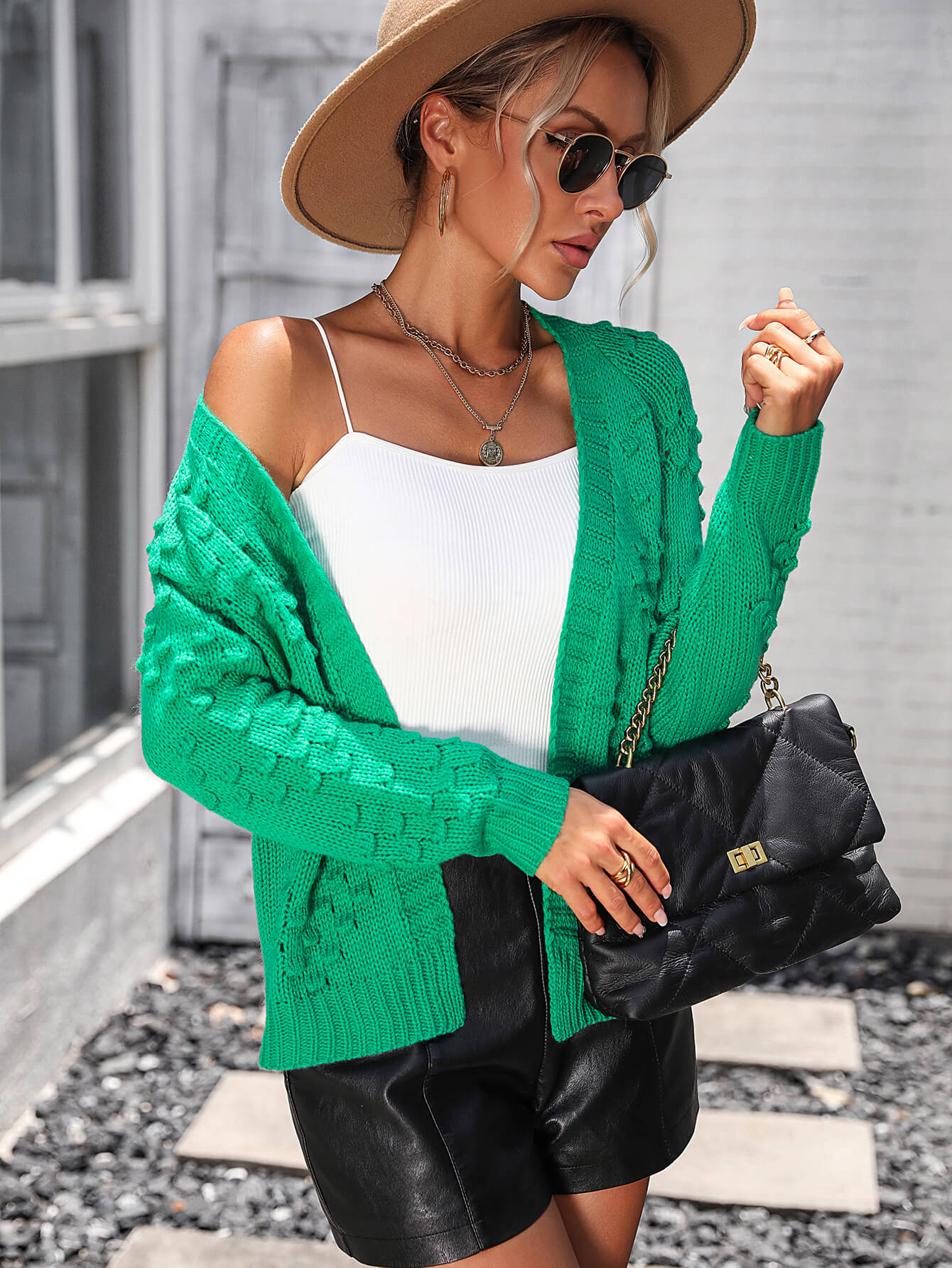 Billie Pom Open Sweater Cardigan - Green - Image 3