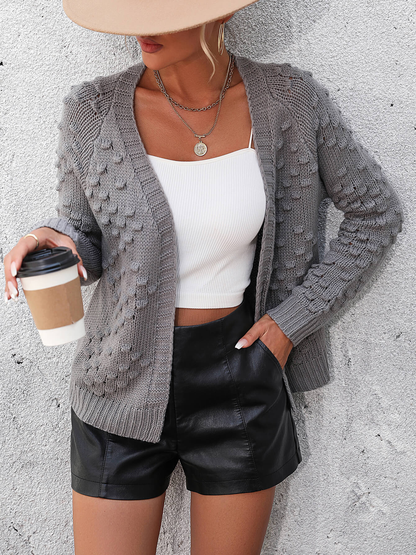 Billie Pom Open Sweater Cardigan - Grey - Image 3