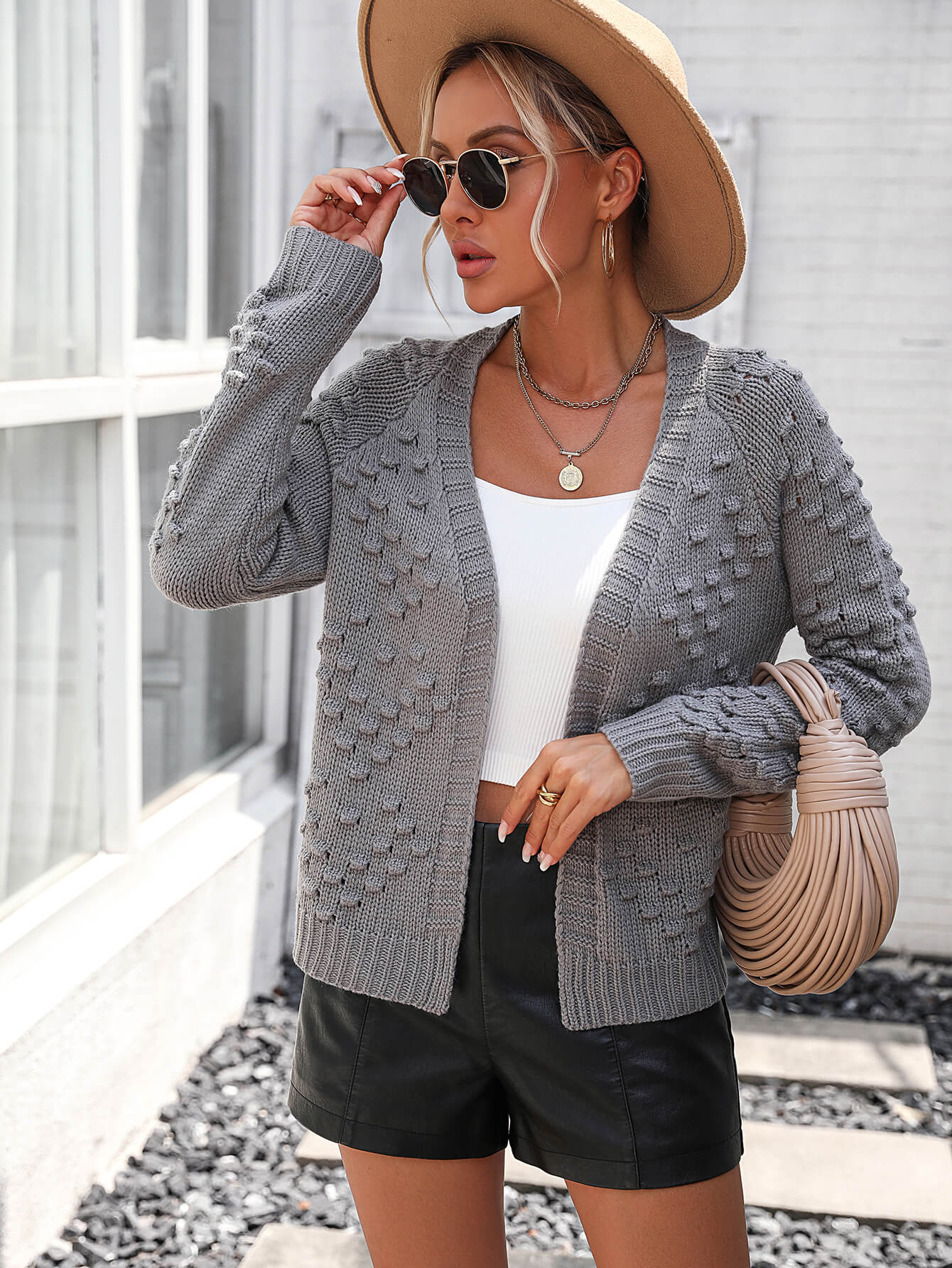 Billie Pom Open Sweater Cardigan - Grey - Image 4