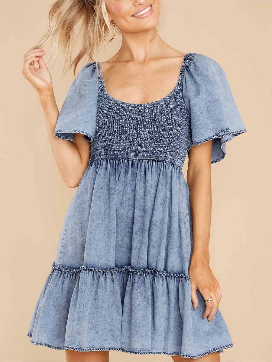 BILLY DENIM SMOCKED BABYDOLL MINI DRESS - Image 2