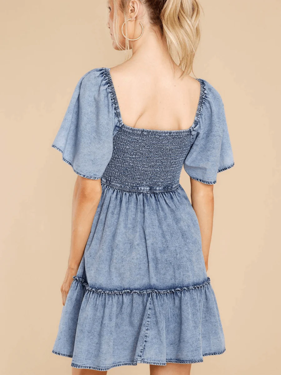 BILLY DENIM SMOCKED BABYDOLL MINI DRESS - Image 3