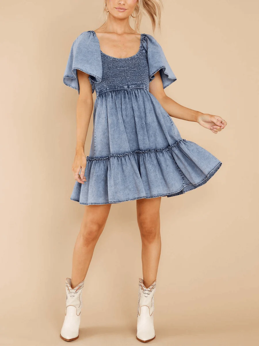 BILLY DENIM SMOCKED BABYDOLL MINI DRESS - Image 4