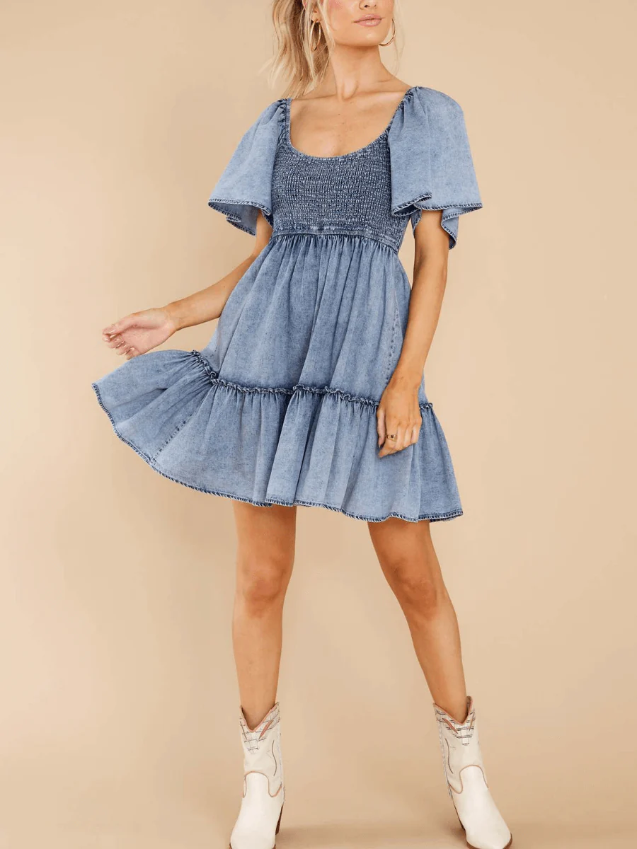 BILLY DENIM SMOCKED BABYDOLL MINI DRESS - Image 5