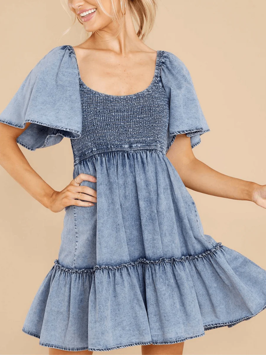 BILLY DENIM SMOCKED BABYDOLL MINI DRESS - Image 6