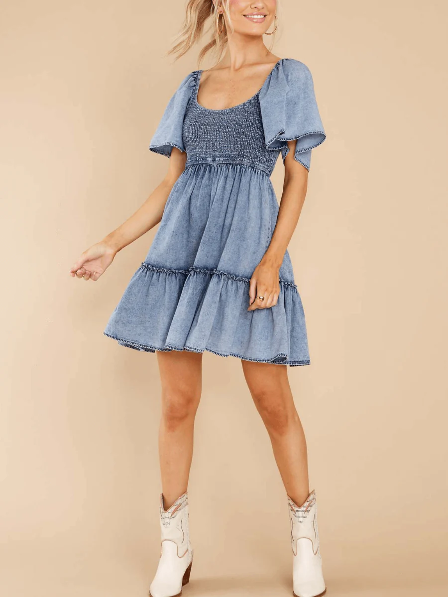 BILLY DENIM SMOCKED BABYDOLL MINI DRESS - Image 7