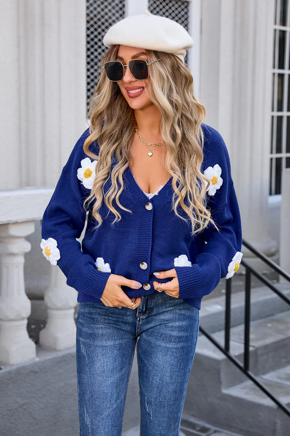 Blossom Mornings Daisy Embellished Knit Cardigan - Navy - Image 3