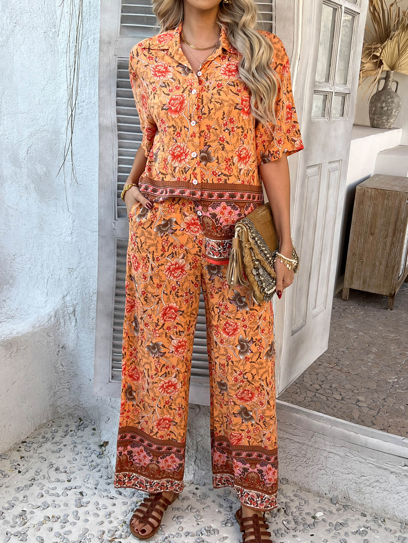 Bohemia Floral Printed Vacation Matching Set - orange