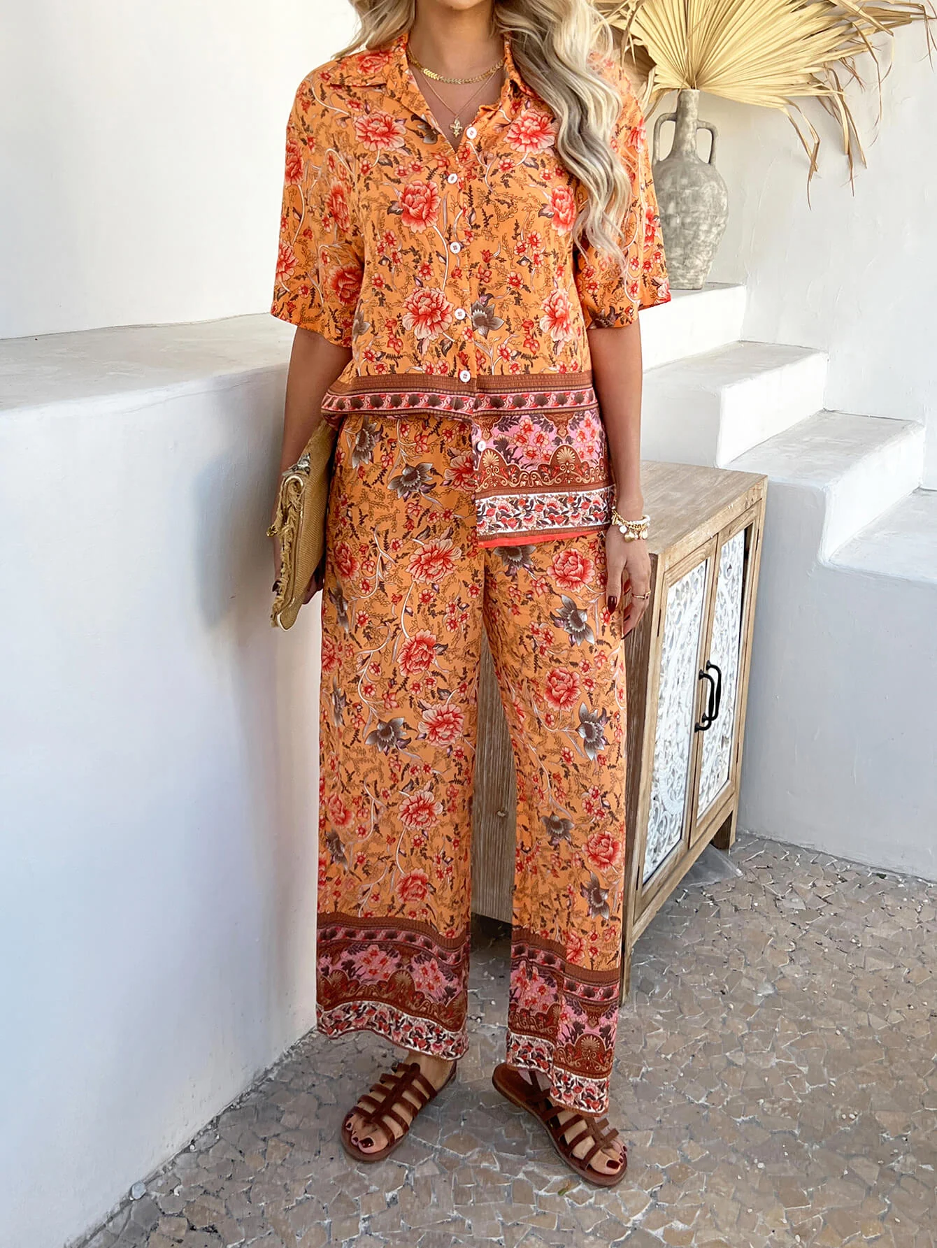 Bohemia Floral Printed Vacation Matching Set - orange - Image 6