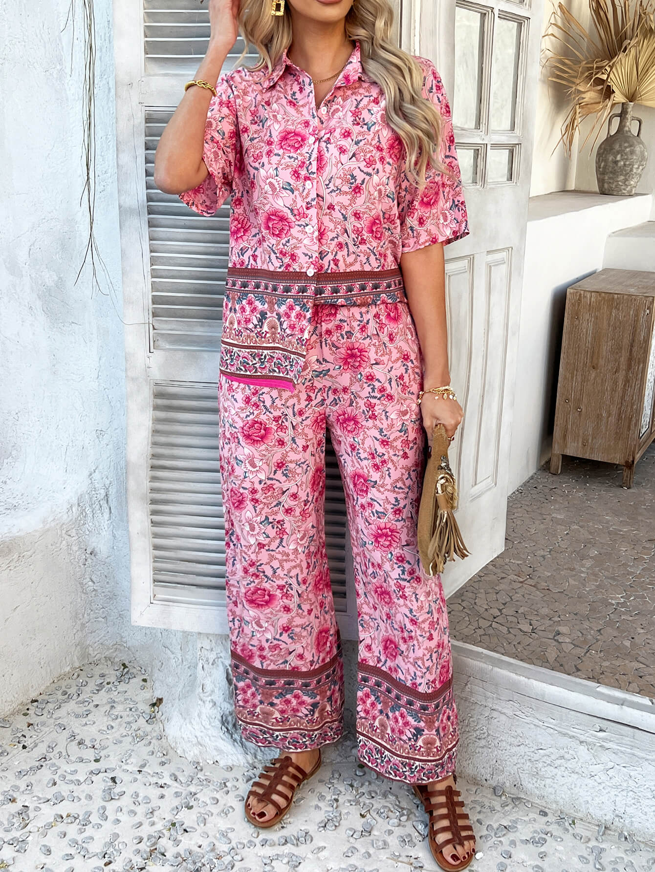 Bohemia Floral Printed Vacation Matching Set - pink