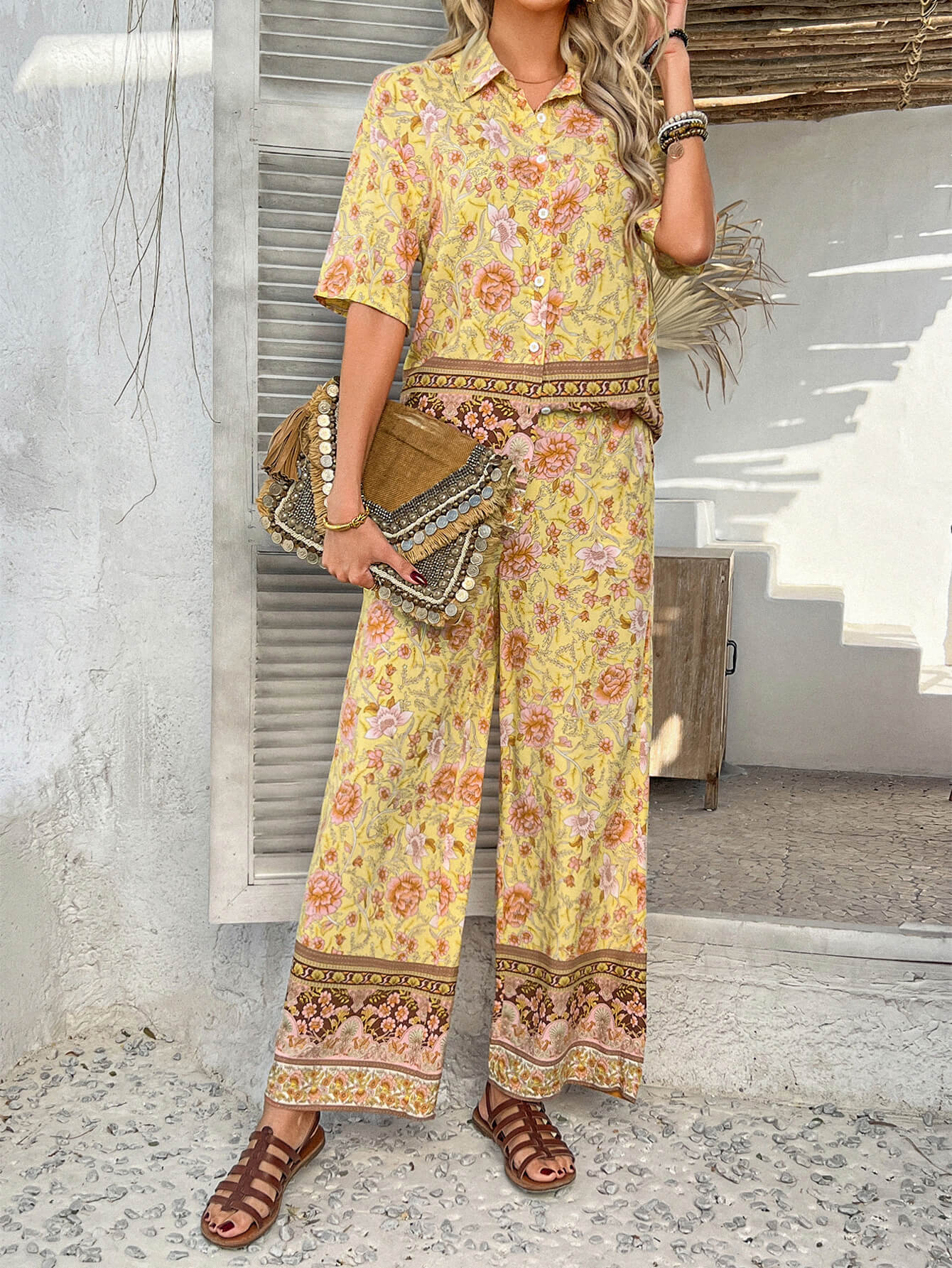 Bohemia Floral Printed Vacation Matching Set - yellow