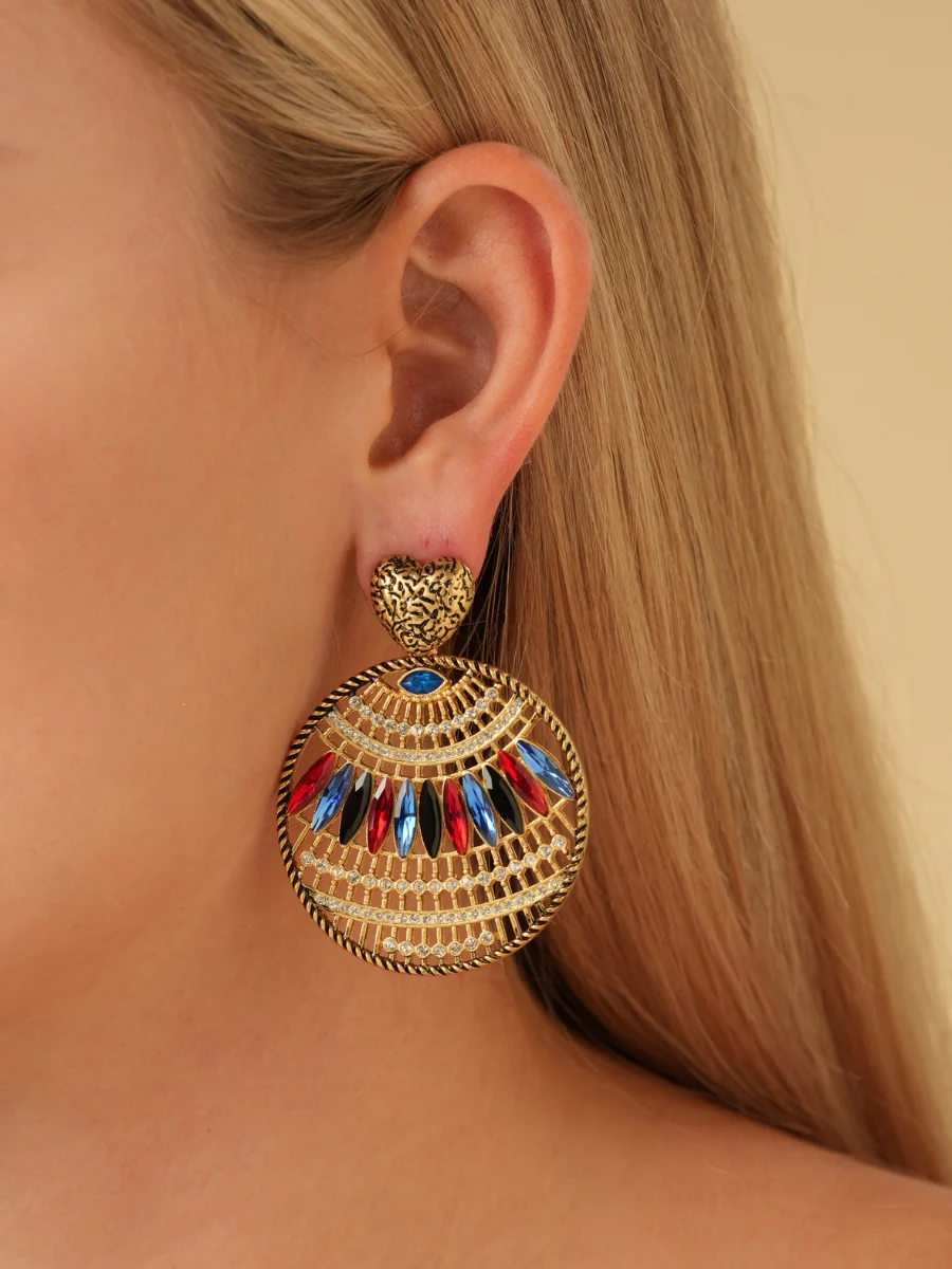 Bohemia Relief Gold Plated Rhinestone Hoop Earrings - Image 2