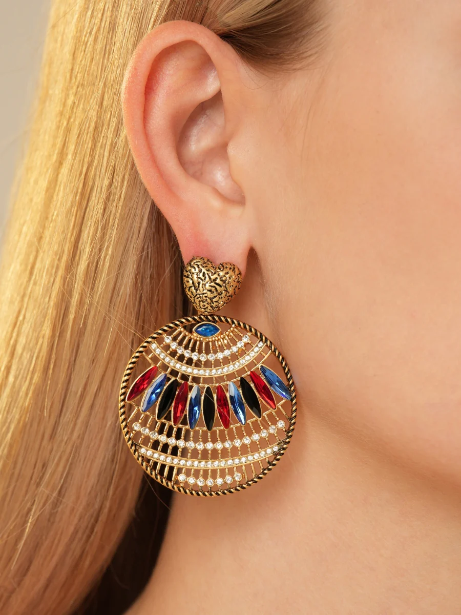 Bohemia Relief Gold Plated Rhinestone Hoop Earrings - Image 3