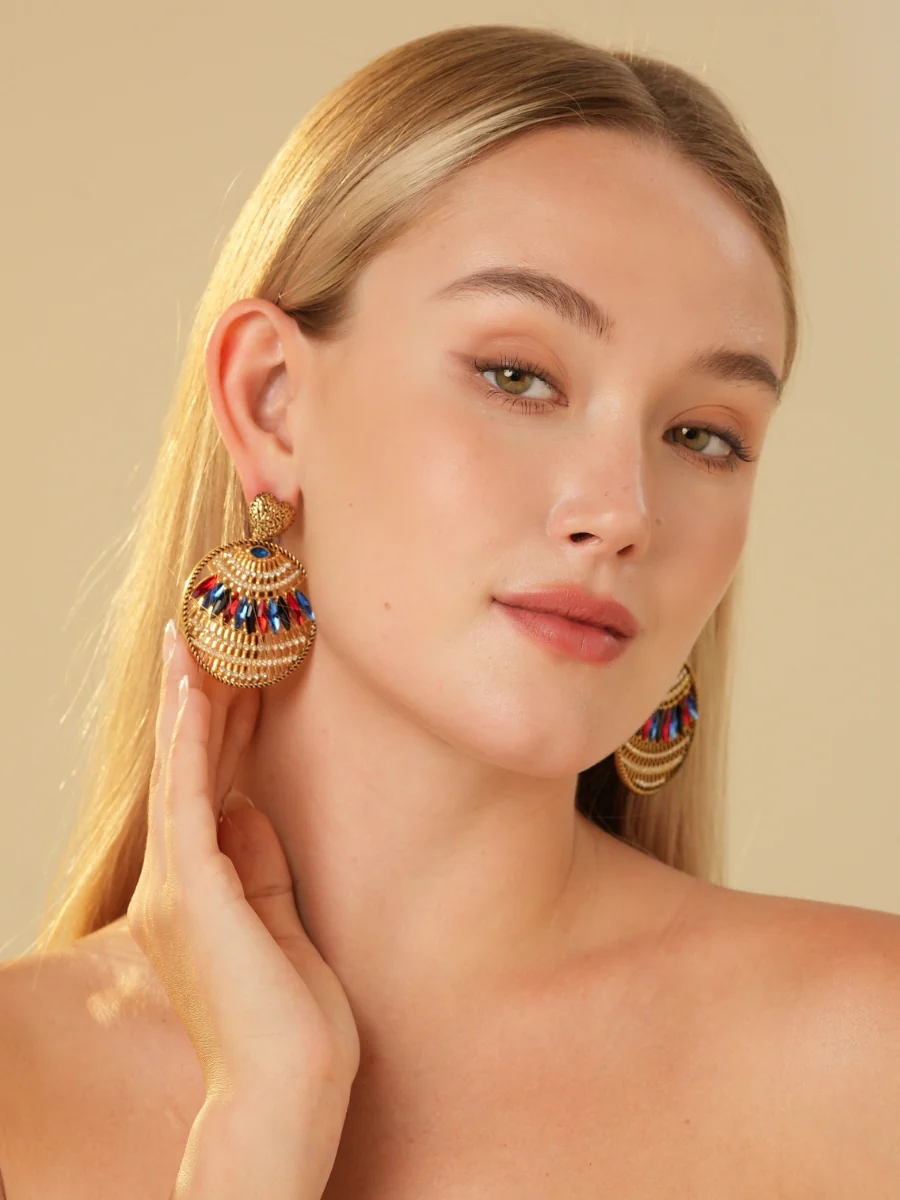 Bohemia Relief Gold Plated Rhinestone Hoop Earrings - Image 4
