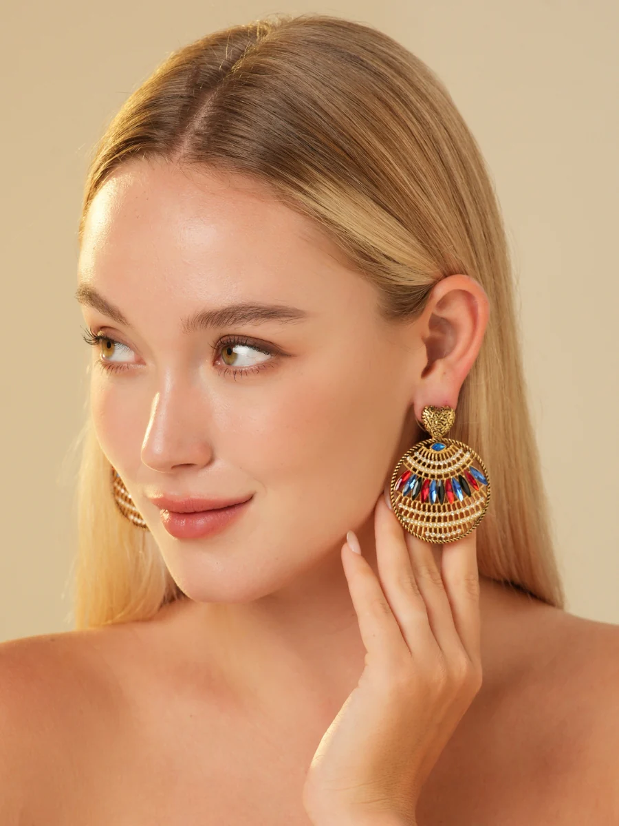 Bohemia Relief Gold Plated Rhinestone Hoop Earrings - Image 5