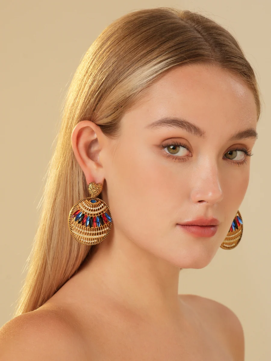 Bohemia Relief Gold Plated Rhinestone Hoop Earrings - Image 6