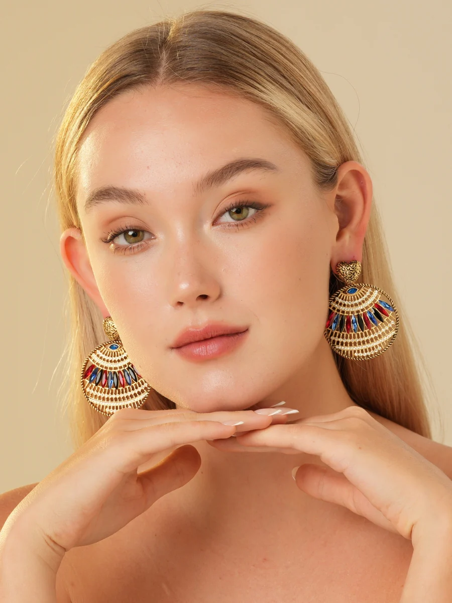 Bohemia Relief Gold Plated Rhinestone Hoop Earrings - Image 7