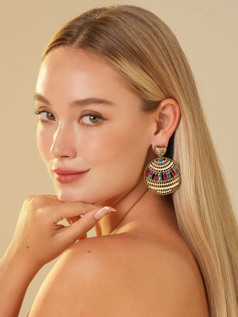 Bohemia Relief Gold Plated Rhinestone Hoop Earrings - Image 8