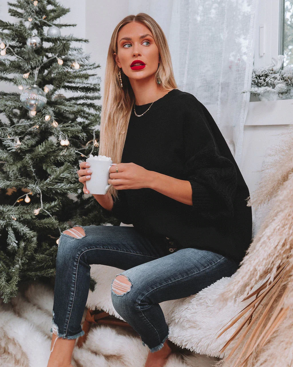 BRAIDED SLEEVE KNIT SWEATER - BLACK - Image 3
