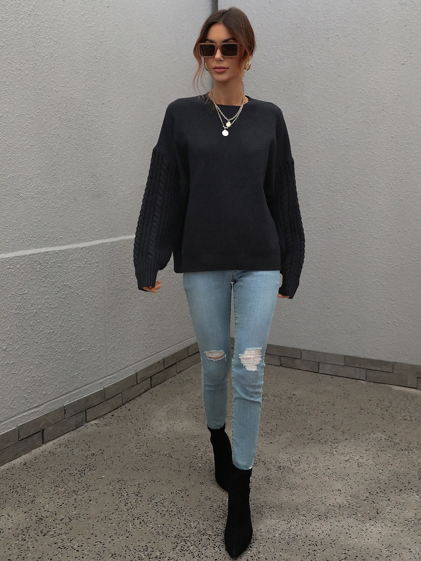 BRAIDED SLEEVE KNIT SWEATER - BLACK - Image 6