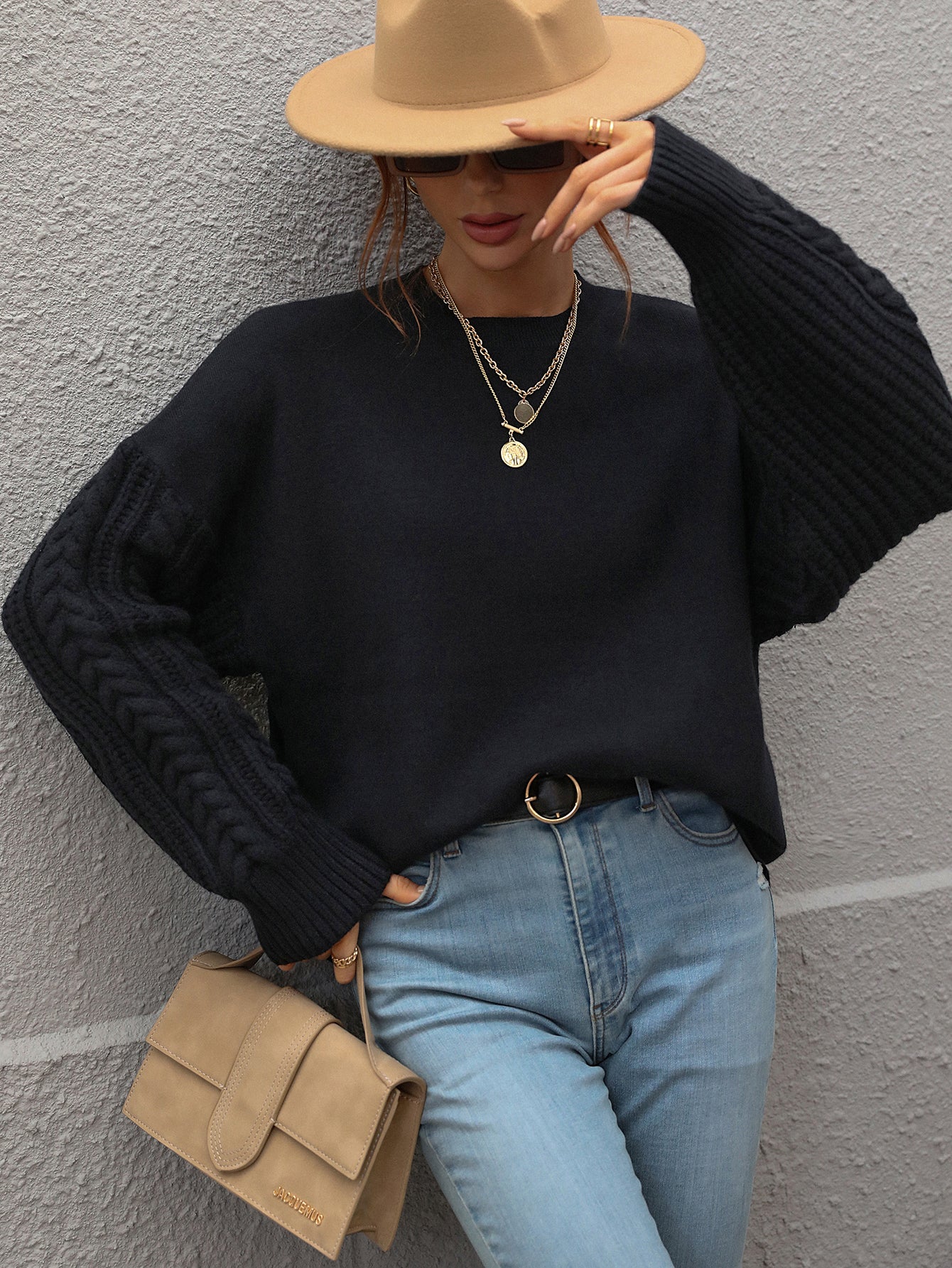 BRAIDED SLEEVE KNIT SWEATER - BLACK - Image 7