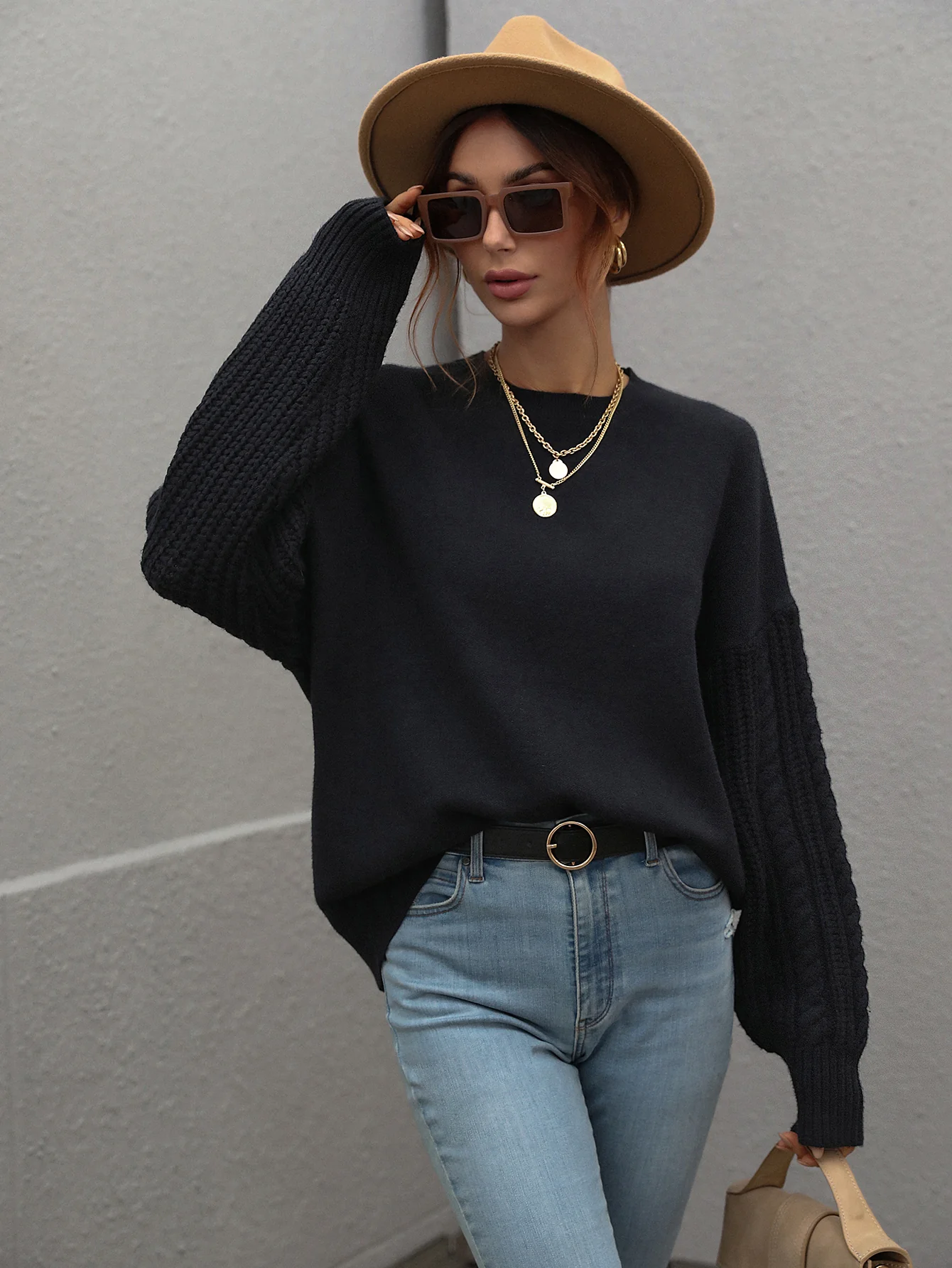 BRAIDED SLEEVE KNIT SWEATER - BLACK - Image 8