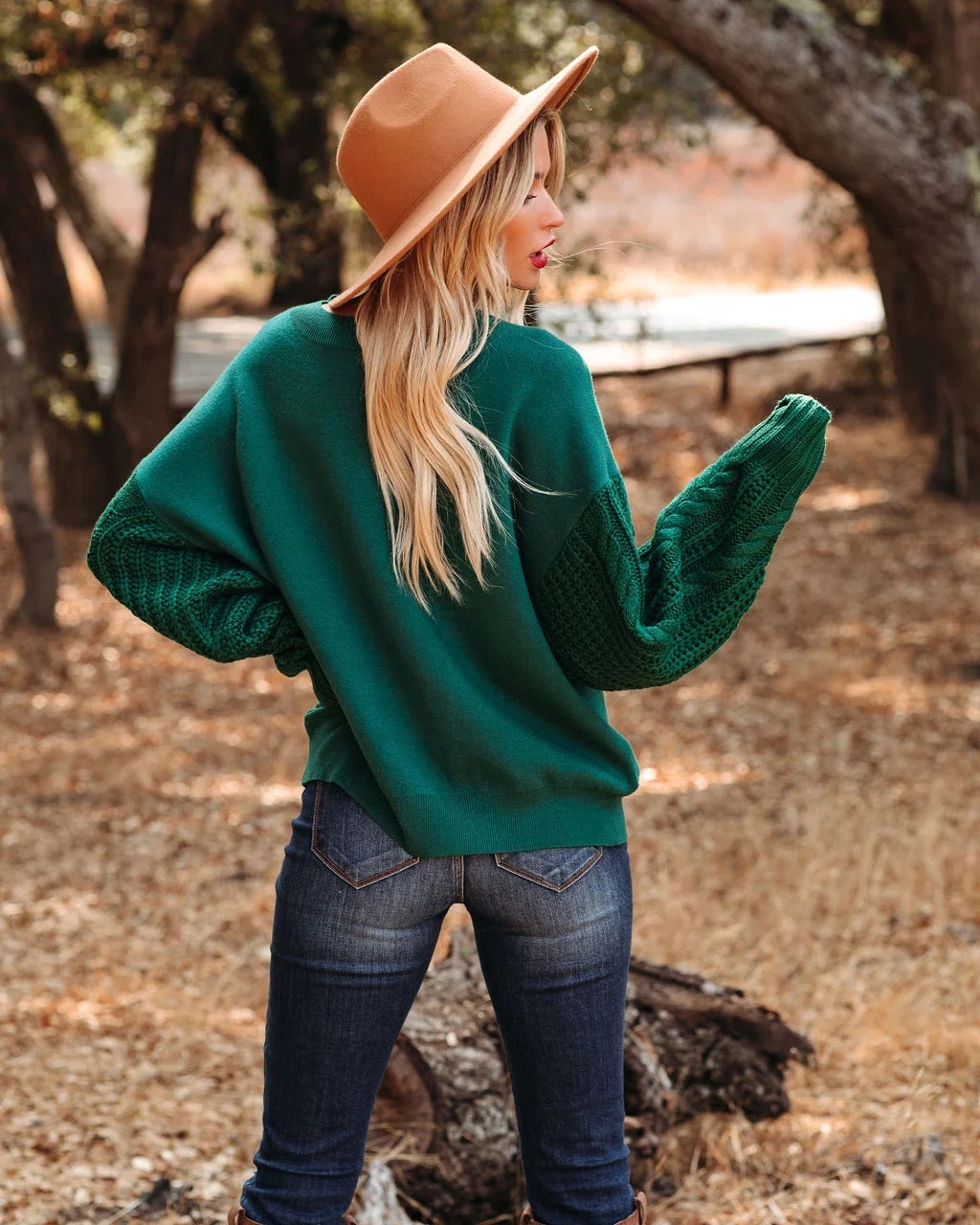 BRAIDED SLEEVE KNIT SWEATER - GREEN - Image 4