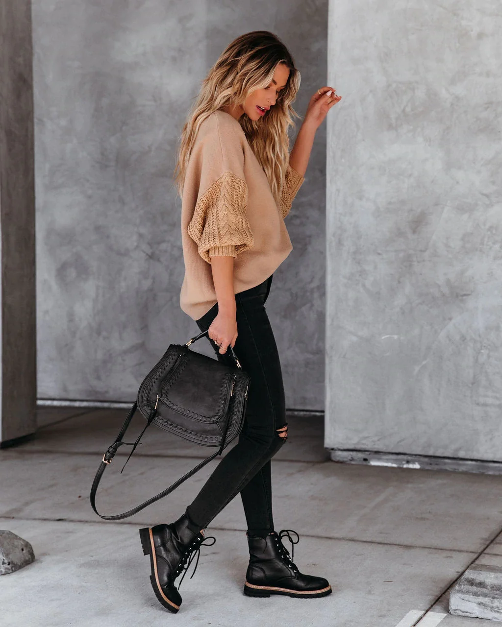 BRAIDED SLEEVE KNIT SWEATER - KHAKI - Image 4